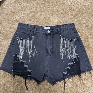 Pink Lily Black Denim Shorts with Silver Chain Accents